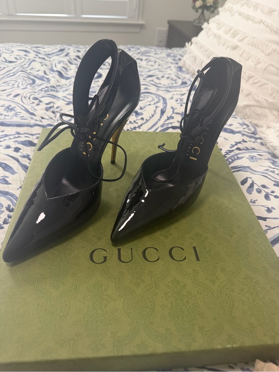 Gucci Shoes - Gucci Black Patent Pointed Lace-Up Ankle Stilettos
